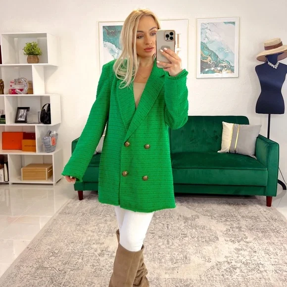 Zara Tweed Green Double Breasted Jacket - Picture 6 of 7